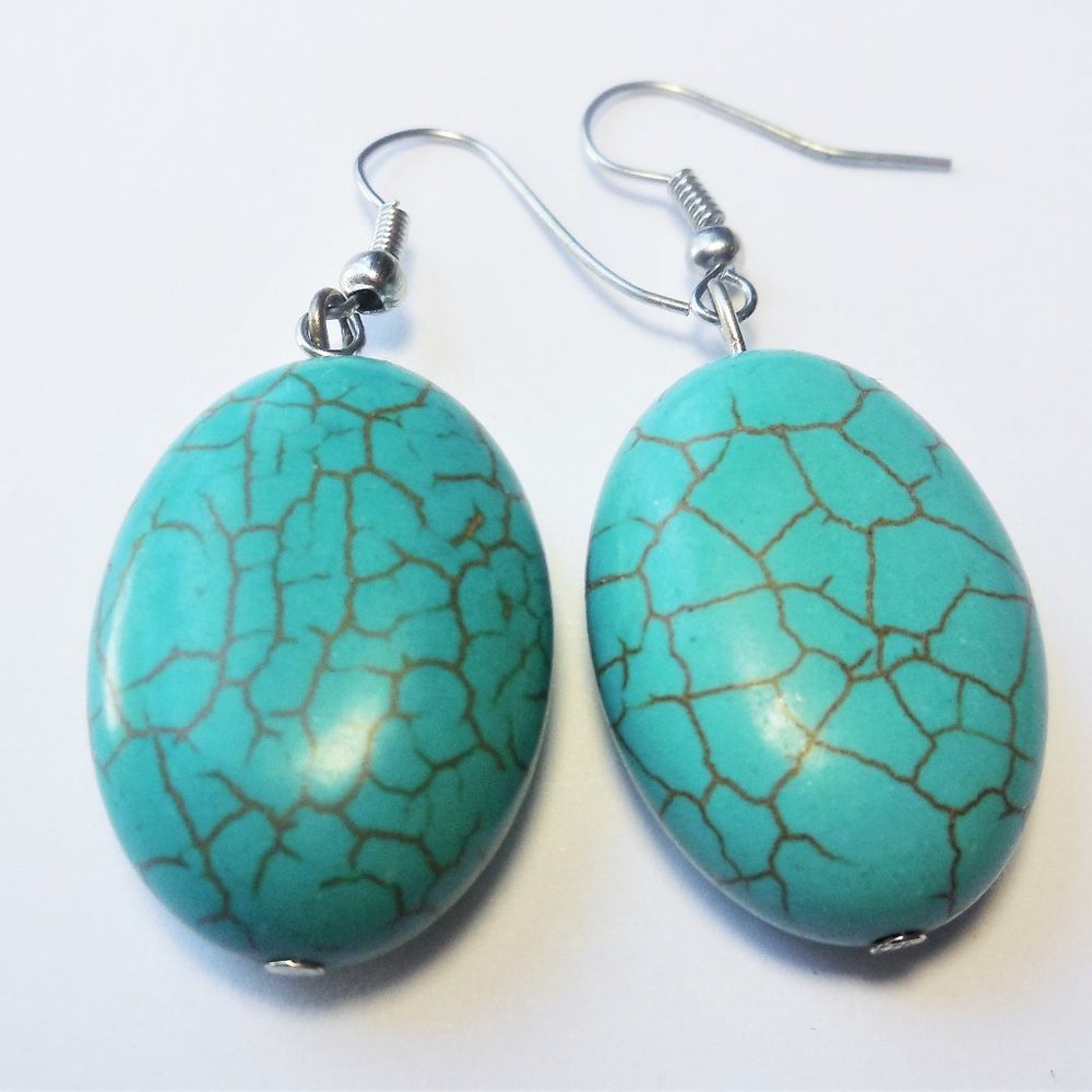 Earrings Natural Turquoise Dangle Oval Jewerly - Picture 3 of 7